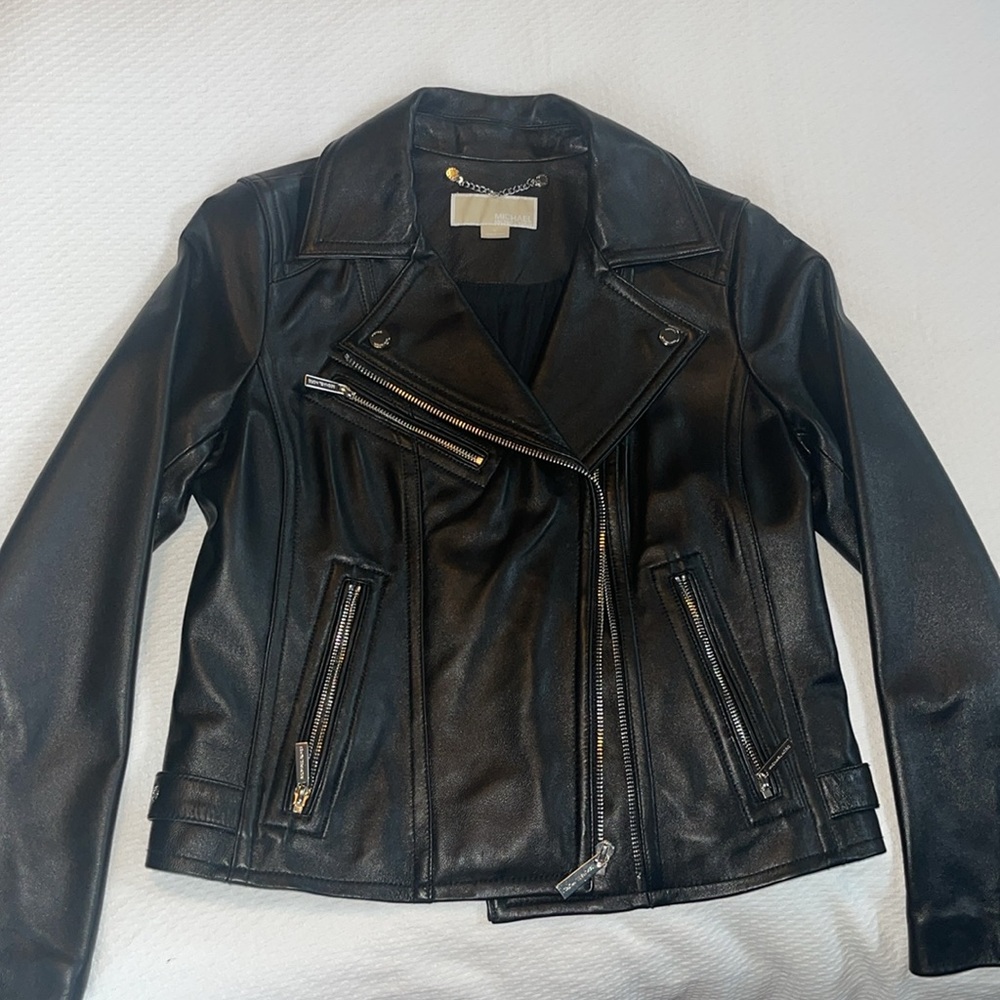 Michael Kors, black leather jacket, biker style -women’s medium LIKE NEW
